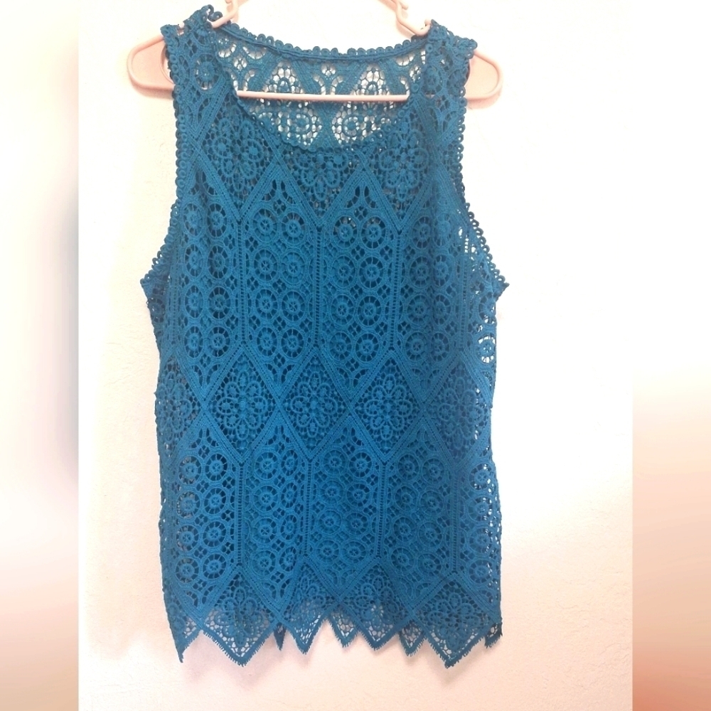 Simply Styled Pullover Sleeveless Green Crochet Women's Top Size L - Picture 2 of 9